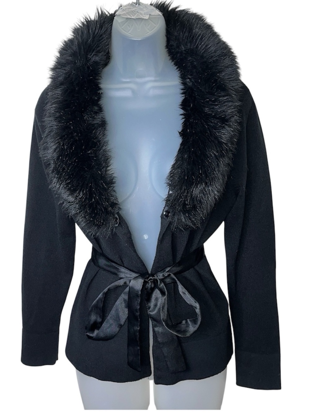 Y2K Style & Co Faux Fur Trim Satin Tie Waist Open Front Jacket Mobwife Winter MP - Picture 3 of 15